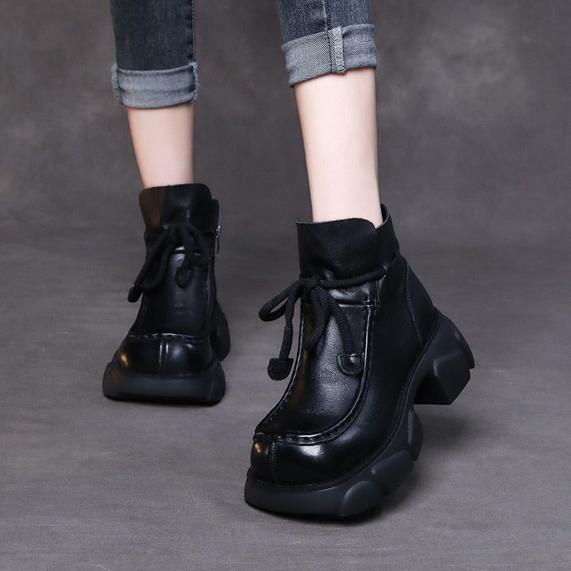 Women's Casual Shoes QS146 - Leather Square Thick Heel Short Boots