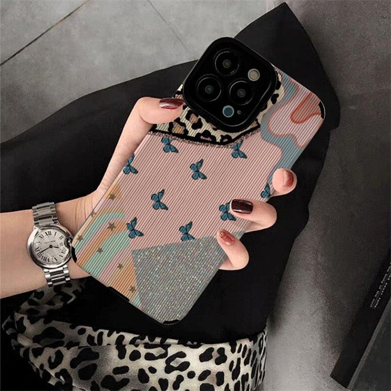 Cute Pink Heart Leopard Print Soft Wristband Phone Case Cover for iPhone  14, 13, 12, 11 Pro Max, 7, 8 Plus, X, XS, XR