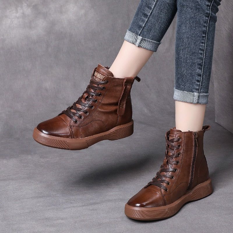 Handmade Women Leather Ankle Boots Flat Tie Shoes Retro 