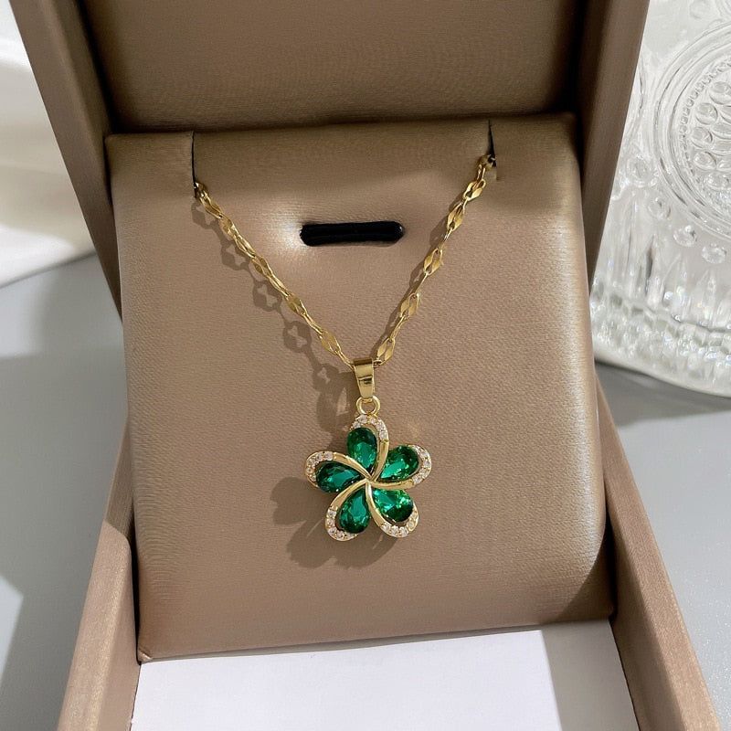 Silver Clover Four Leaf Necklace Colorful Zircon Shamrock 