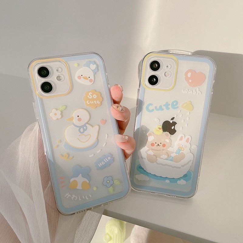 Washing Duck Transparent Cute Phone Cases For iPhone 14 13 11 12 Pro Max Xs  Max XR 7 8 Plus 7Plus