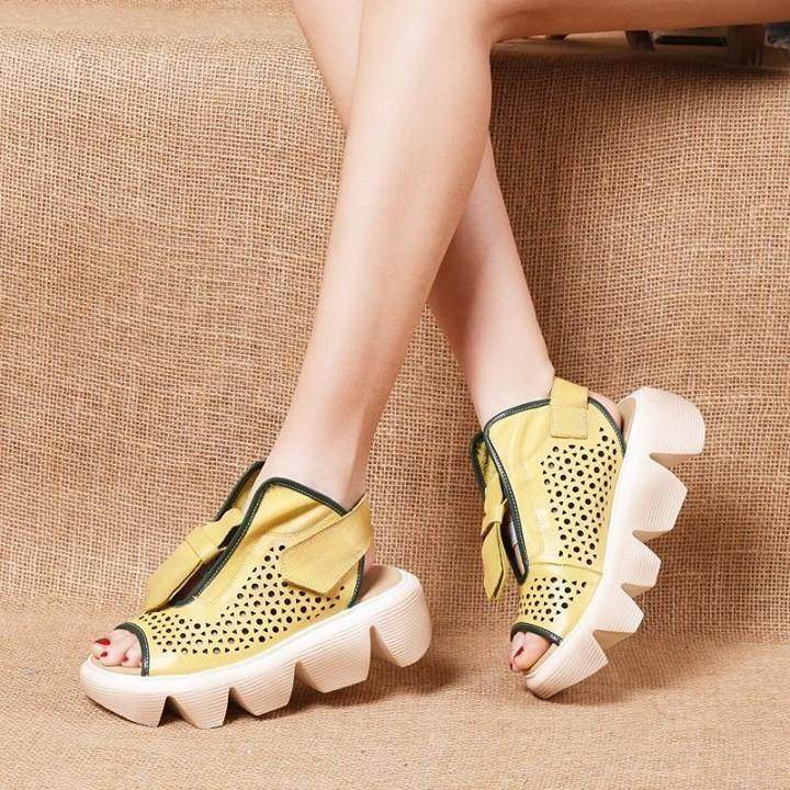 Casual Shoes For Women Genuine Leather Sandals Hook & Loop Retro Hollow Handmade Concise at $59.21 < - Touchy Style