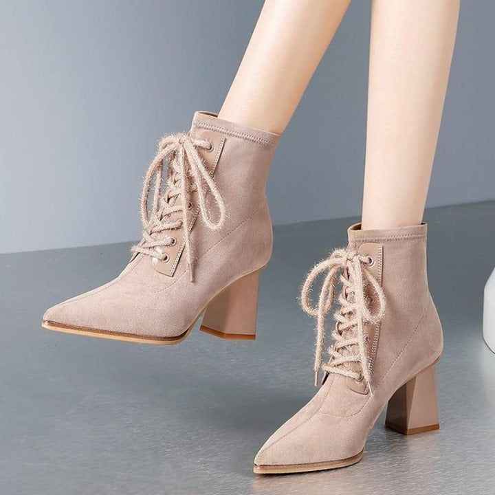 ⁌ Women Boots Fall Winter Warm Short Ankle Boots Pointed Toe Slip On Wedges 7cm Heel Non-Slip Shoe