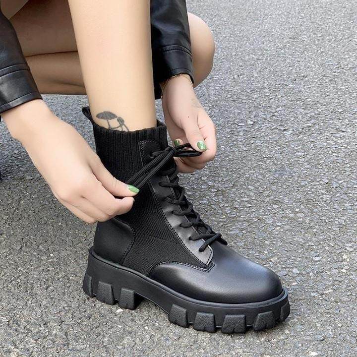 Army Combat Ankle Boots Gothic Black Sock Leather Shoes For Women's - Touchy Style