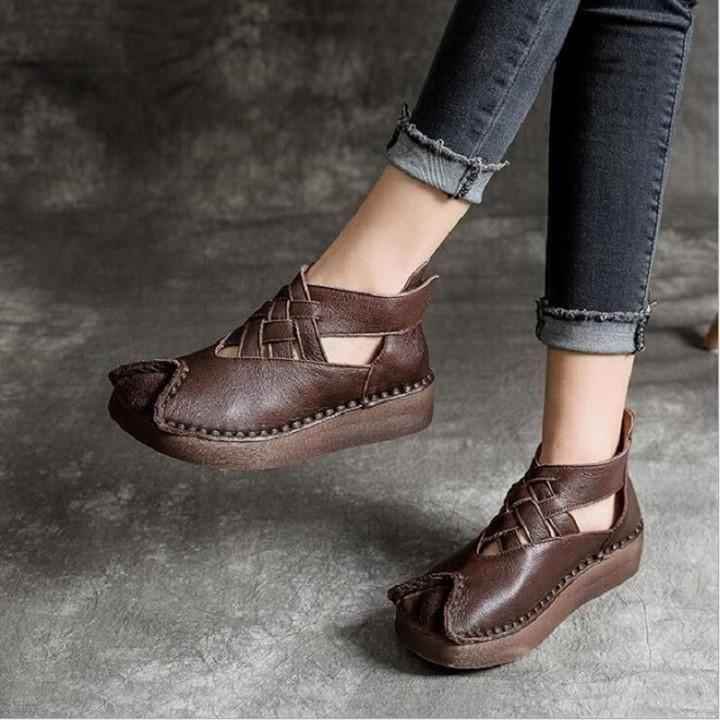 Brown Handmade Leather vintage Weaving Flats For Women's - Touchy Style