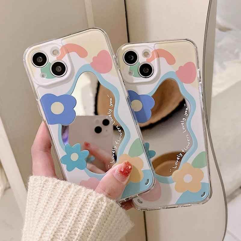 Shockproof Phone Case with Cute Tulip Flower Design, Mirror, and Makeup Features - Touchy Style