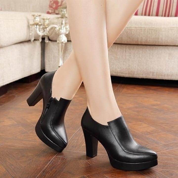 Brown Black Leather Thick High-Heels For Women's - Touchy Style