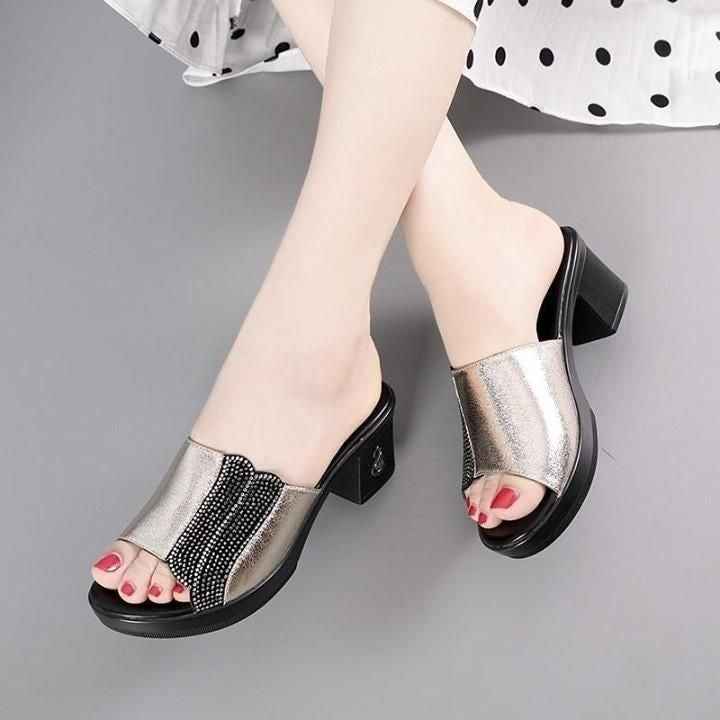 🔥 Women's Casual Shoes 2021 GENUINE LEATHER Thick Heel SOFT Rhinestone ANTISKID SANDALS SLIPPERS