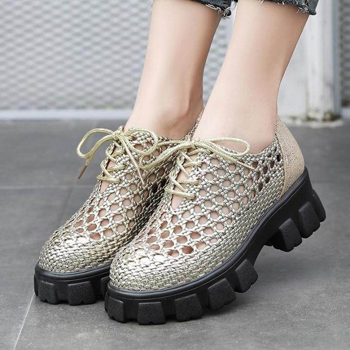 ⭕️ Women's Casual Shoes Genuine Leather Hollow Breathable Flat Woven Hole Handmade Shoes at $66. - Touchy Style