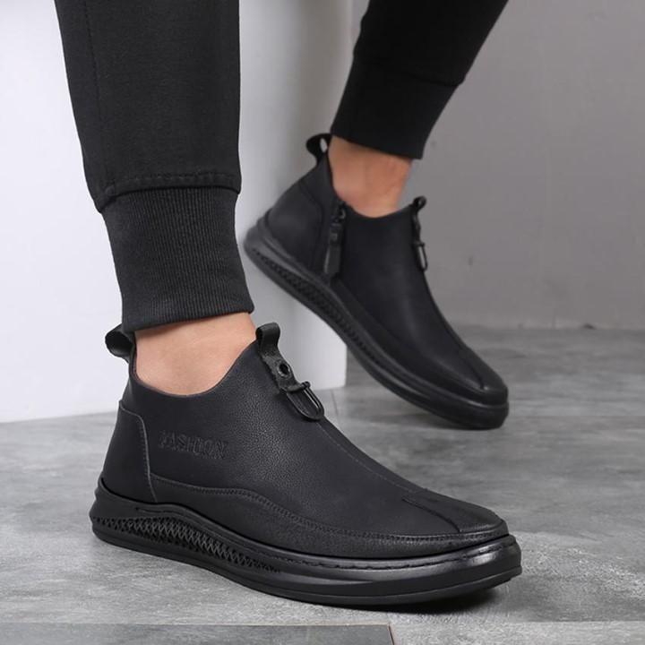 ⁌ Autumn Casual Boots Men Comfortable Leather Boots Zipper Side Boots High Quality Ankle Black Boo - Touchy Style .