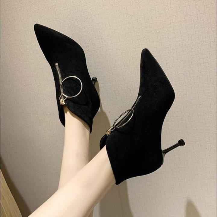 Ankle Boots Black Microfiber High-heeled Retro Shoes For Women's