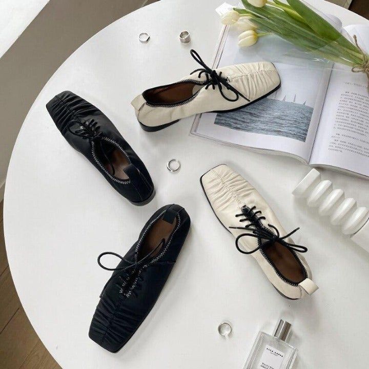 😍 Casual Shoes 2021 Spring Autumn Pleated Genuine Leather Basic Women Flat Heels Soft Square Toe - Touchy Style .