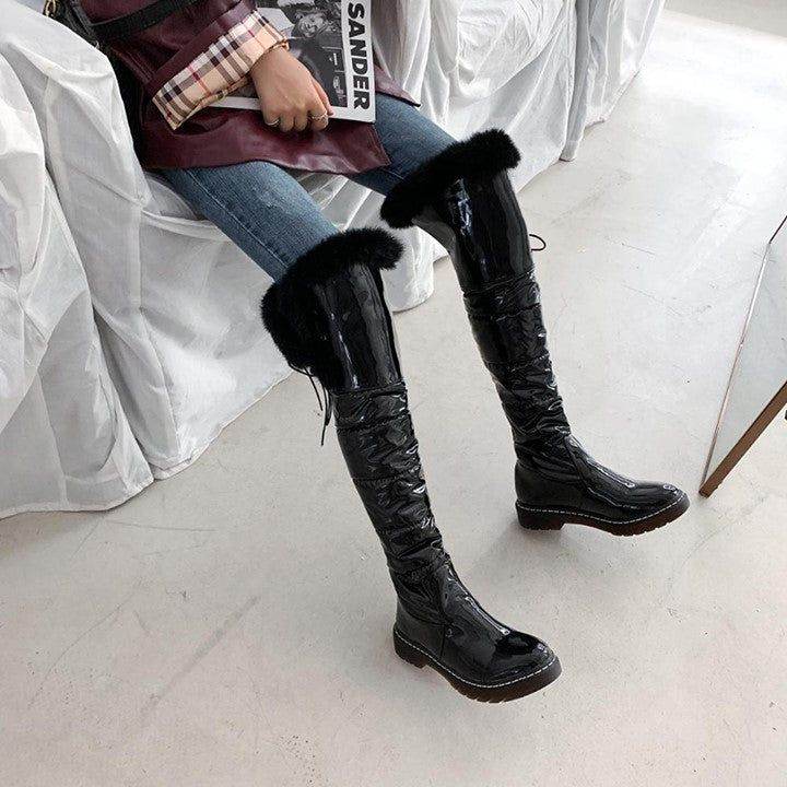 💎 Casual Shoes Size 34-43 Patent leather High Quality Plush Fur Over The Knee Boots Low Heels Win - Touchy Style