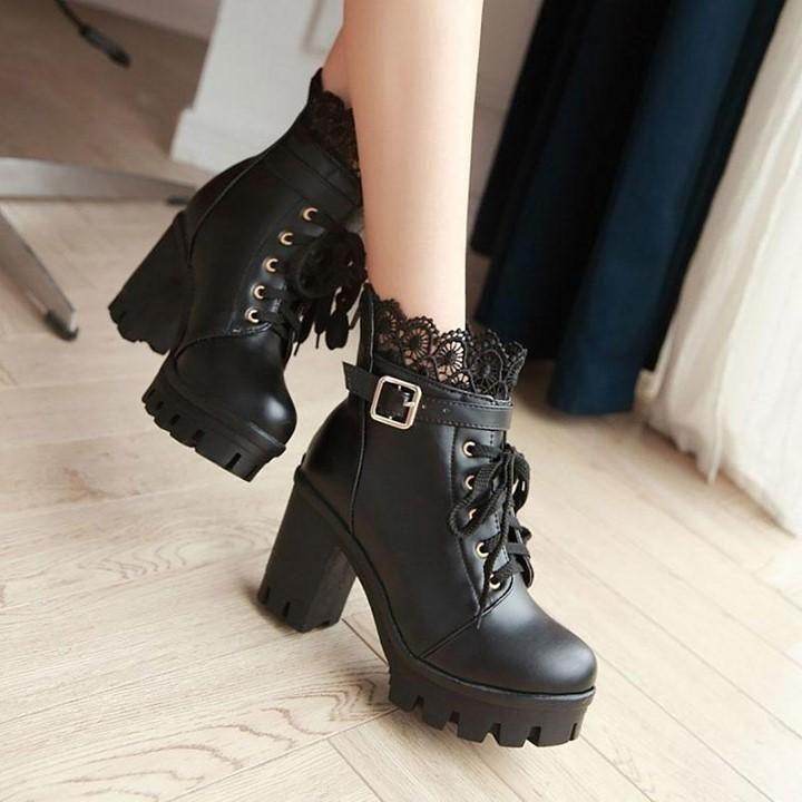 🔥 Women's Casual Shoes Pu Leather Warm Winter Boots 2021 Fashion High Heel Lace Up Female Shoes . - Touchy Style