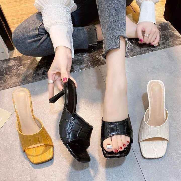 ⁌ Casual Shoes 2021 Women Yellow Slides Female Thick Block Heels black Slippers Sexy Summer 7.5cm - Touchy Style