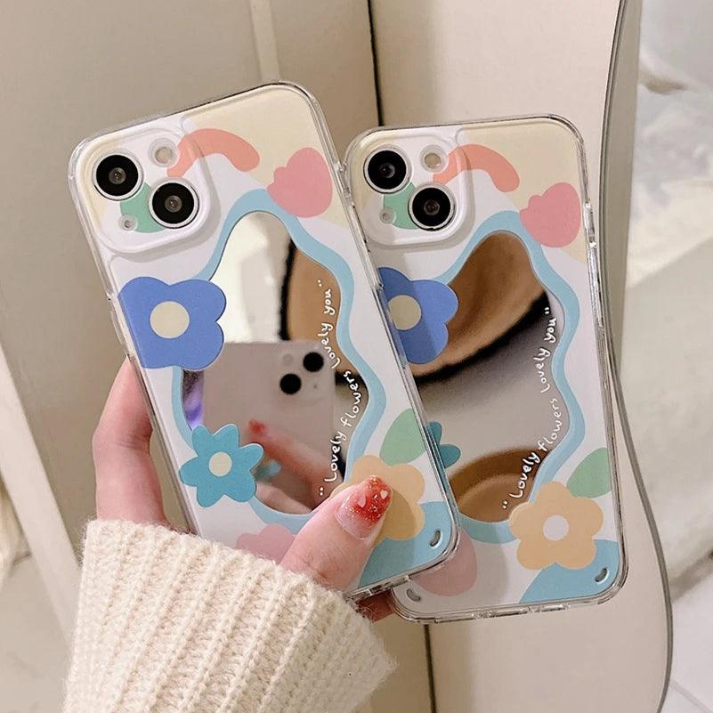 Shockproof Phone Case with Cute Tulip Flower Design, Mirror, and Makeup Features