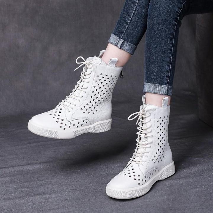 ⭕️ Women's Casual Shoes 2021 Ankle Boots Genuine Leather Med High Heel Cutout Breathable at $78. - Touchy Style .