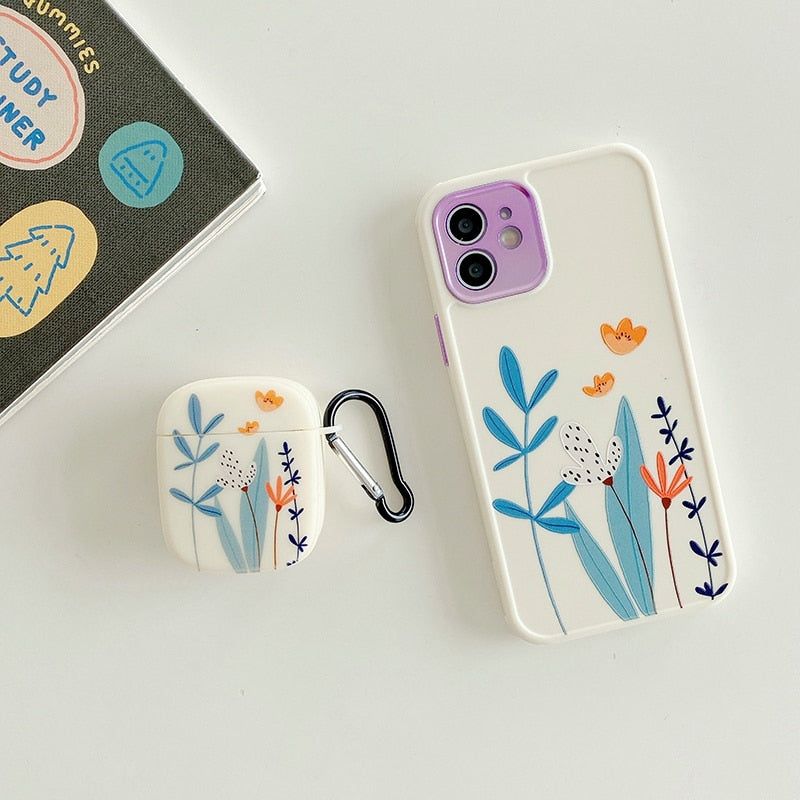 2-Piece Set: Flowers Cute Phone Case &amp; Earphone Cover for AirPods 1, 2, Pro - Compatible with iPhone 12, 11, Pro Max, XR, XS, X, 7, 8, Plus - Touchy Style