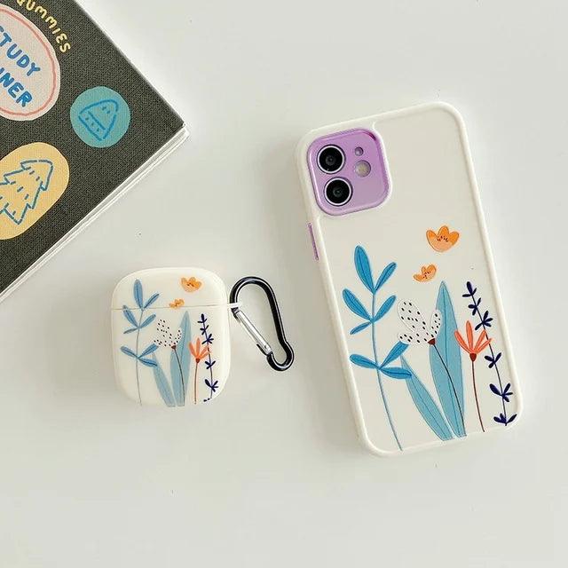 2-Piece Set: Flowers Cute Phone Case &amp; Earphone Cover for AirPods 1, 2, Pro - Compatible with iPhone 12, 11, Pro Max, XR, XS, X, 7, 8, Plus - Touchy Style