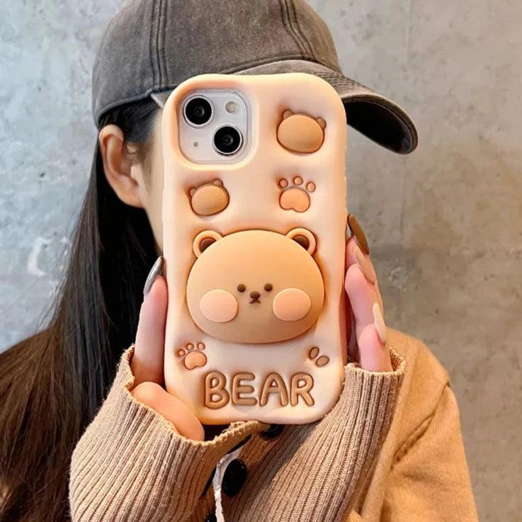 3D Bear Hidden Holder Cute Phone Case for iPhone 11, 12, 13, 14, 15 Pro Max, XS, XR, X, 7, 8 Plus - Touchy Style