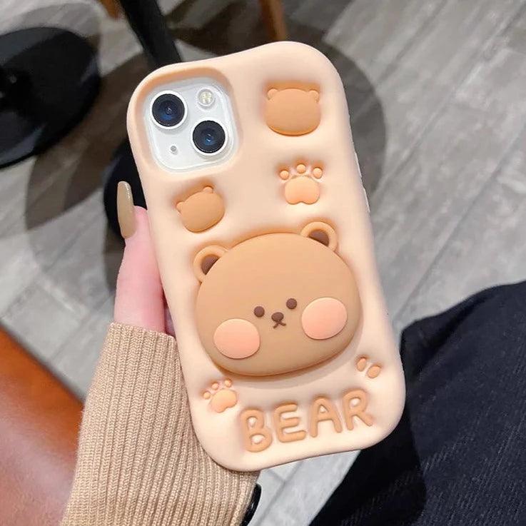 3D Bear Hidden Holder Cute Phone Case for iPhone 11, 12, 13, 14, 15 Pro Max, XS, XR, X, 7, 8 Plus - Touchy Style