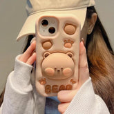 3D Bear Hidden Holder Cute Phone Case for iPhone 11, 12, 13, 14, 15 Pro Max, XS, XR, X, 7, 8 Plus - Touchy Style