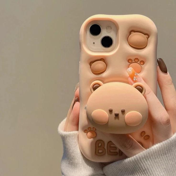 3D Bear Hidden Holder Cute Phone Case for iPhone 11, 12, 13, 14, 15 Pro Max, XS, XR, X, 7, 8 Plus - Touchy Style