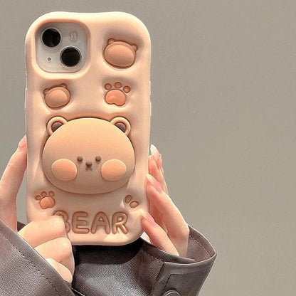 3D Bear Hidden Holder Cute Phone Case for iPhone 11, 12, 13, 14, 15 Pro Max, XS, XR, X, 7, 8 Plus - Touchy Style