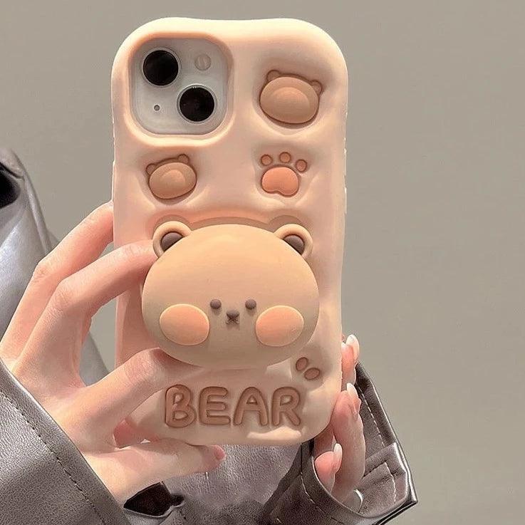 3D Bear Hidden Holder Cute Phone Case for iPhone 11, 12, 13, 14, 15 Pro Max, XS, XR, X, 7, 8 Plus - Touchy Style