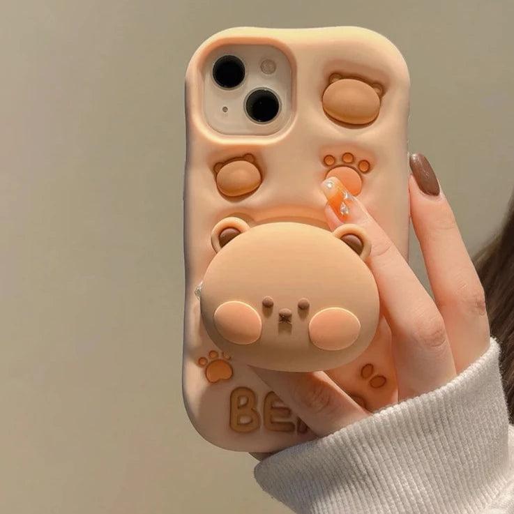 3D Bear Hidden Holder Cute Phone Case for iPhone 11, 12, 13, 14, 15 Pro Max, XS, XR, X, 7, 8 Plus - Touchy Style