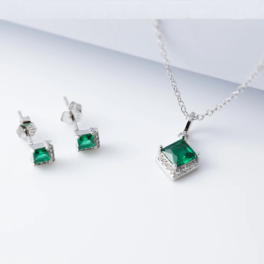 925 Sterling Silver 18k Gold Plated Earring and Necklace Charm Jewelry Set - Emerald Square - Xm252 - Touchy Style