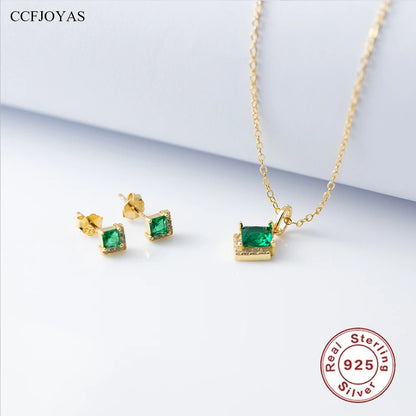 925 Sterling Silver 18k Gold Plated Earring and Necklace Charm Jewelry Set - Emerald Square - Xm252 - Touchy Style