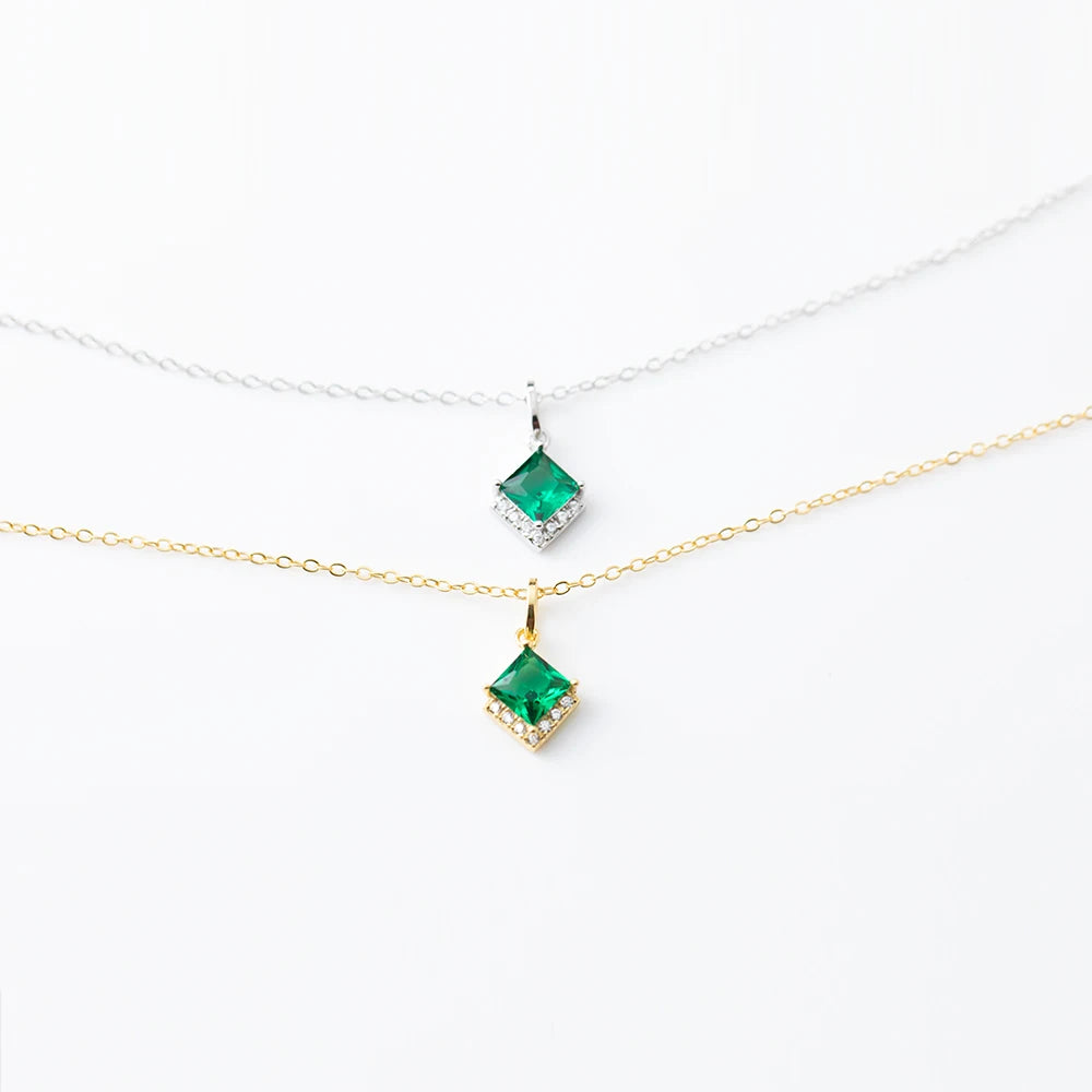 925 Sterling Silver 18k Gold Plated Earring and Necklace Charm Jewelry Set - Emerald Square - Xm252 - Touchy Style