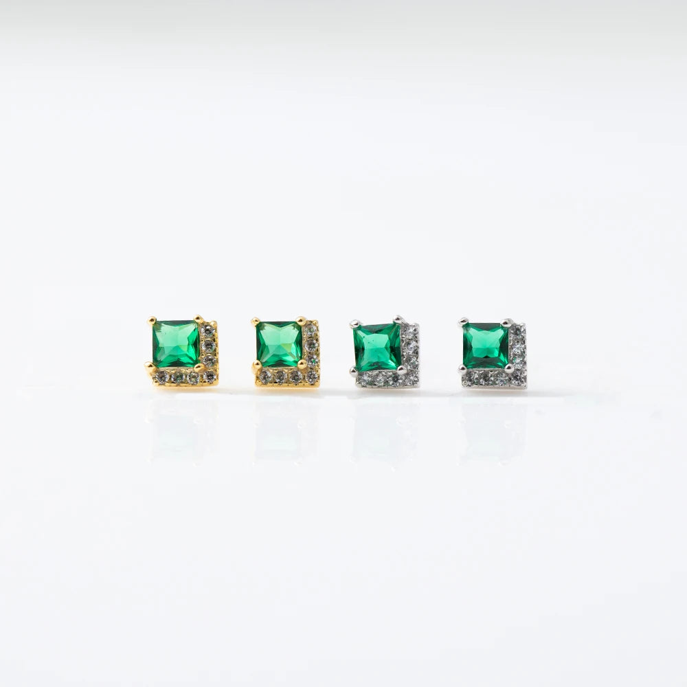 925 Sterling Silver 18k Gold Plated Earring and Necklace Charm Jewelry Set - Emerald Square - Xm252 - Touchy Style