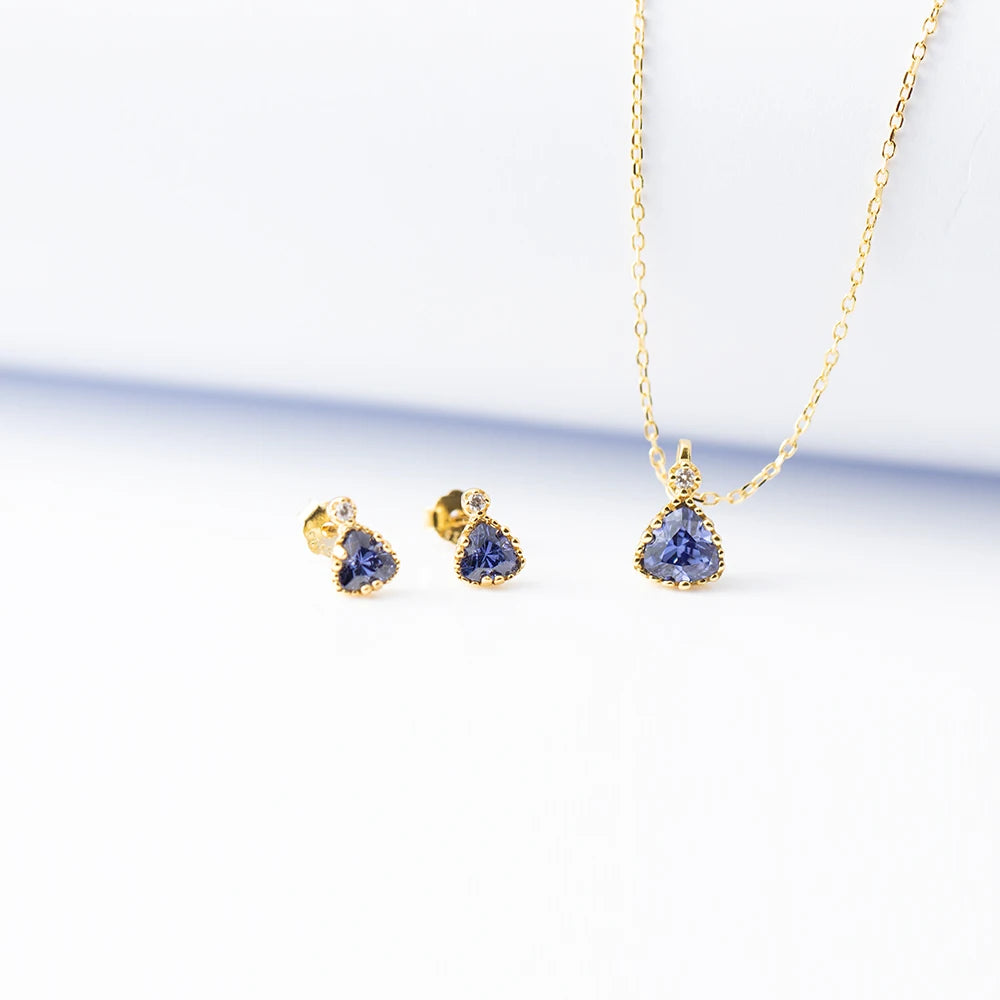 925 Sterling Silver 18k Gold Plated Necklace and Earring Charm Jewelry Set - Geometric Tanzanite - Xm254 - Touchy Style