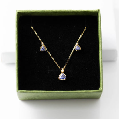 925 Sterling Silver 18k Gold Plated Necklace and Earring Charm Jewelry Set - Geometric Tanzanite - Xm254 - Touchy Style