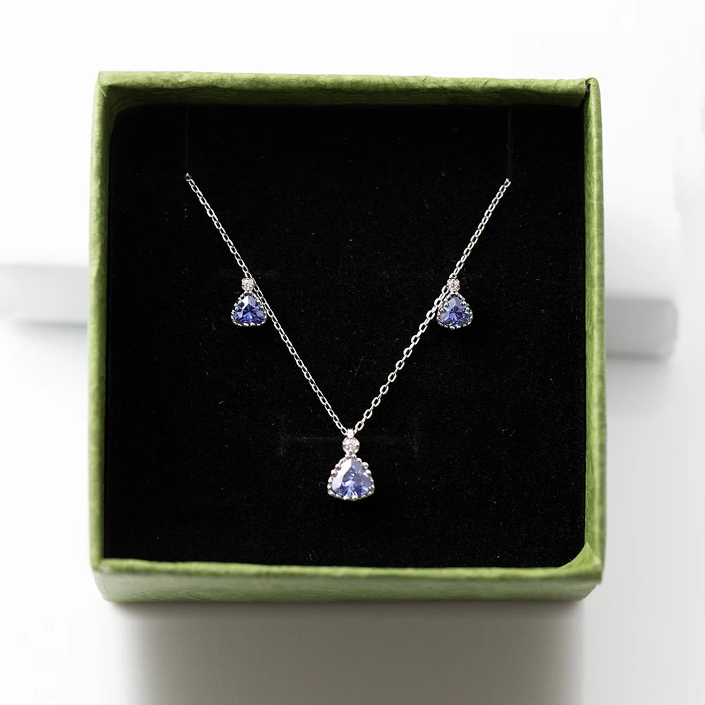 925 Sterling Silver 18k Gold Plated Necklace and Earring Charm Jewelry Set - Geometric Tanzanite - Xm254 - Touchy Style