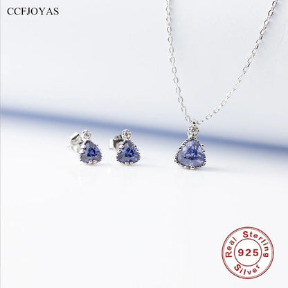 925 Sterling Silver 18k Gold Plated Necklace and Earring Charm Jewelry Set - Geometric Tanzanite - Xm254 - Touchy Style