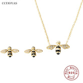 925 Sterling Silver 18K Gold Plated Necklace and Earring Charm Jewelry Set - Small Honey Bee - CCF009 - Touchy Style