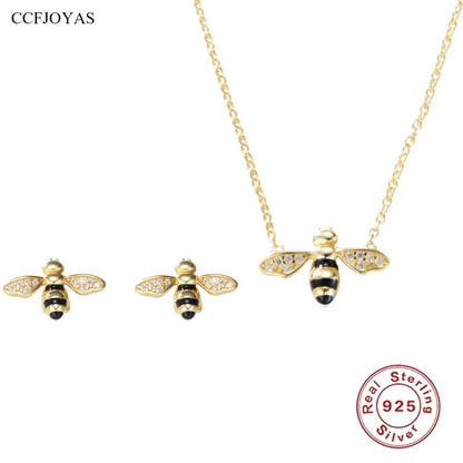 925 Sterling Silver 18K Gold Plated Necklace and Earring Charm Jewelry Set - Small Honey Bee - CCF009 - Touchy Style