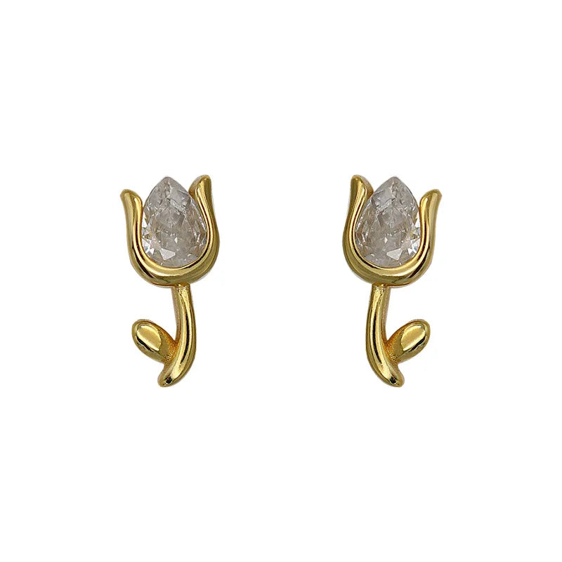 925 Sterling Silver 18k Gold Plated Stud Earrings Charm Jewelry - Tulip Flower - Xm264 - Touchy Style