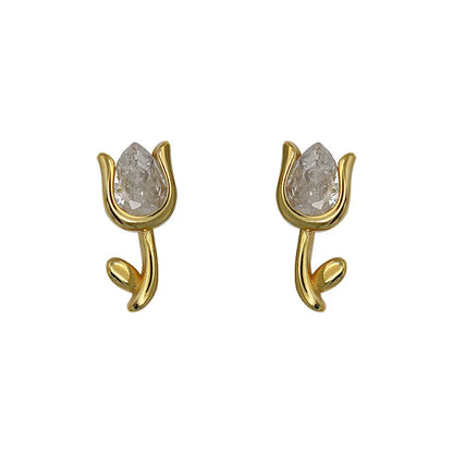 925 Sterling Silver 18k Gold Plated Stud Earrings Charm Jewelry - Tulip Flower - Xm264 - Touchy Style