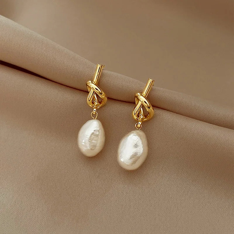 925 Sterling Silver Drop Earrings Charm Jewelry - Knot Irregular Pearl - TSJ99 - Touchy Style