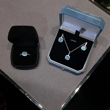 925 Sterling Silver Earring and Necklace Charm Jewelry Set - Mint Blue Super Square - Xm384 - Touchy Style