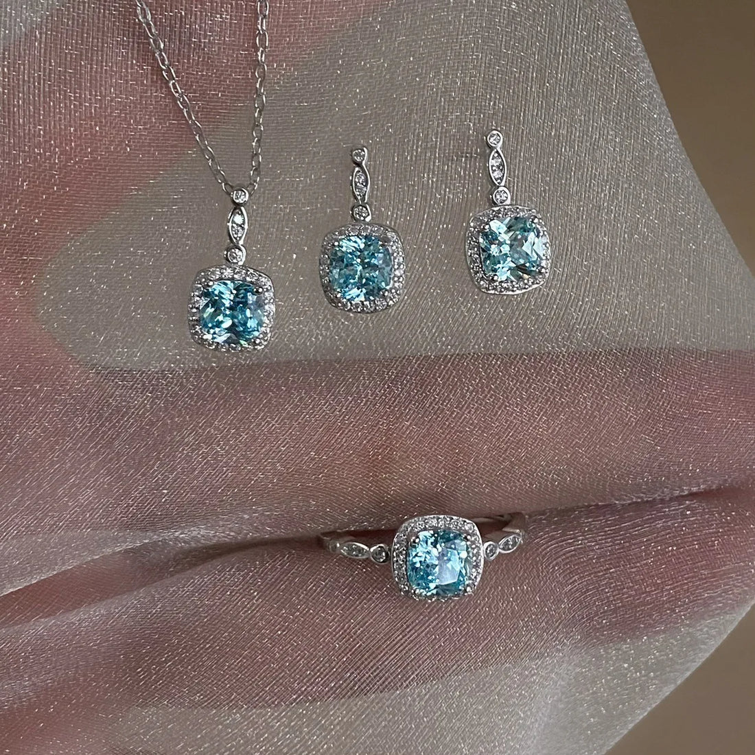 925 Sterling Silver Earring and Necklace Charm Jewelry Set - Mint Blue Super Square - Xm384 - Touchy Style