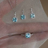 925 Sterling Silver Earring and Necklace Charm Jewelry Set - Mint Blue Super Square - Xm384 - Touchy Style