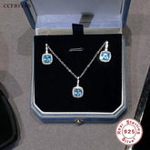 925 Sterling Silver Earring and Necklace Charm Jewelry Set - Mint Blue Super Square - Xm384 - Touchy Style