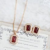 925 Sterling Silver Earring and Necklace Charm Jewelry Set - Square Natural Red Agate Stone - Xm272 - Touchy Style