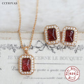 925 Sterling Silver Earring and Necklace Charm Jewelry Set - Square Natural Red Agate Stone - Xm272 - Touchy Style