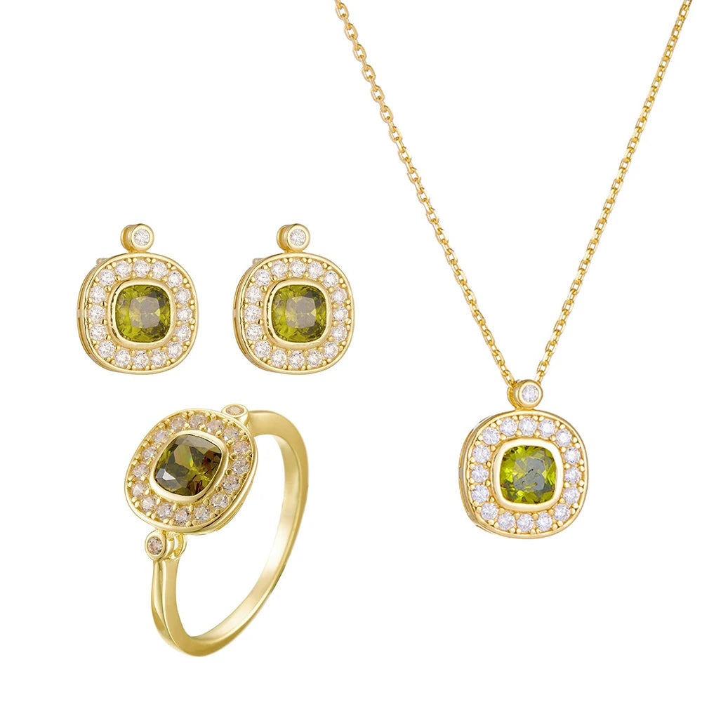 925 Sterling Silver Earring, Ring, and Necklace Charm Jewelry Set - Olive Green Zircon - CCF0025 - Touchy Style